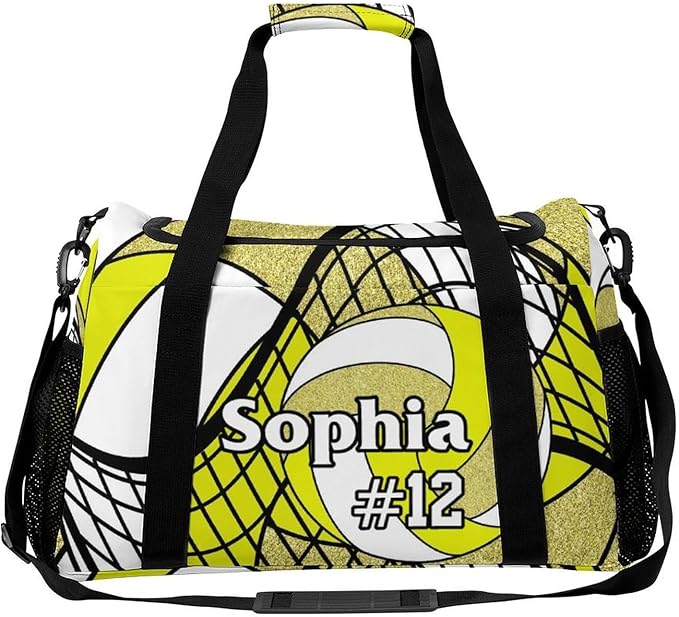 Custom Volleyball Yellow Gold Duffel Bag with Name Personalized Travel Bags Sport Gym Bag Carry On Weekender Bags for Men Women
