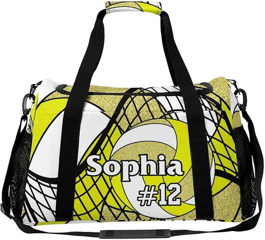 Custom Volleyball Yellow Gold Duffel Bag with Name Personalized Travel Bags Sport Gym Bag Carry On Weekender Bags for Men Women