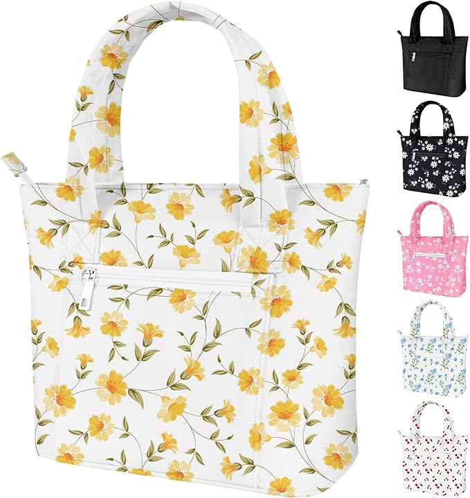 Tote Lunch Bag Women Stylish Quilted Lunch Boxes for Adult Fit and Fresh Cooler Insulated Lunchbox for Work Large 10 Liters Cute Compact Lunchbag Waterproof Yellow Floral