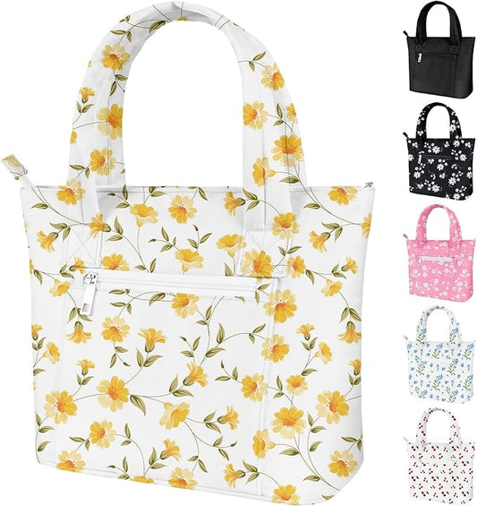 Tote Lunch Bag Women Stylish Quilted Lunch Boxes for Adult Fit and Fresh Cooler Insulated Lunchbox for Work Large 10 Liters Cute Compact Lunchbag Waterproof Yellow Floral