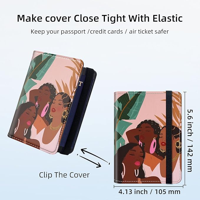 RFID Security Premium Passport and Travel Document Holder Combo, Slim PU Leather Folio Wallet with 3 Card Slots & Boarding Pass Pocket, Secure Elastic Closure Organizer, Three beautiful girls