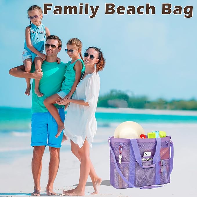 Mesh Beach Bag with Zipper, Large Beach Tote for Women, Toys Pool Swim Bag Travel Vacation Cruise Essentials