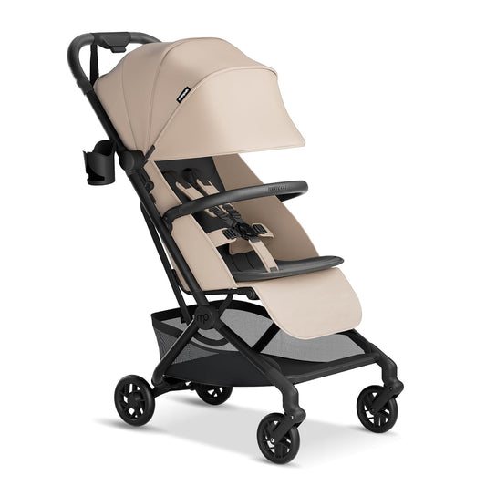 Mompush Velo Lightweight Travel Stroller – One-Hand Fold, Ultra-Compact & Airplane Friendly, Lie-Flat Recline Seat (from Birth to 50 lbs), Includes Cup Holder, Shoulder Strap, and Leather Bumper Bar