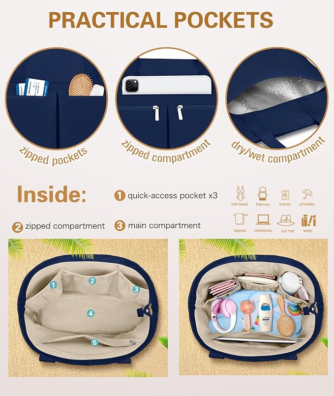 HUANLANG Large Beach Bags for Women Pool Bag with Zipper, Waterproof Sandproof Beach Tote Travel Bag with Wet Pocket | Waterproof, Large capacity, Dry/wet separation, Durable fabric, Cooling function, sandproof