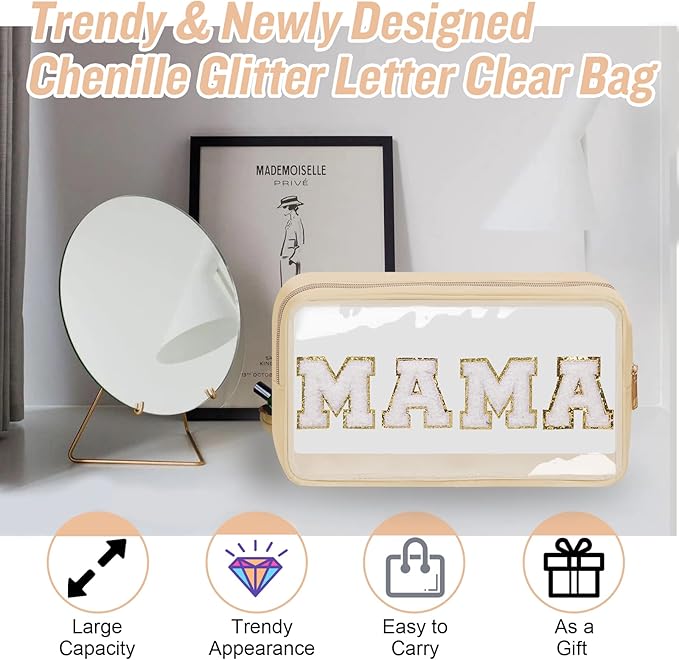 Chenille Letter Clear Makeup Bags Mama Pouch, Preppy Patch Makeup Bag with Zipper, Transparent PVC & Nylon Waterproof Portable Glitter Cosmetic Bag Travel Toiletry Storage for Women Girls(MAMA-Beige)