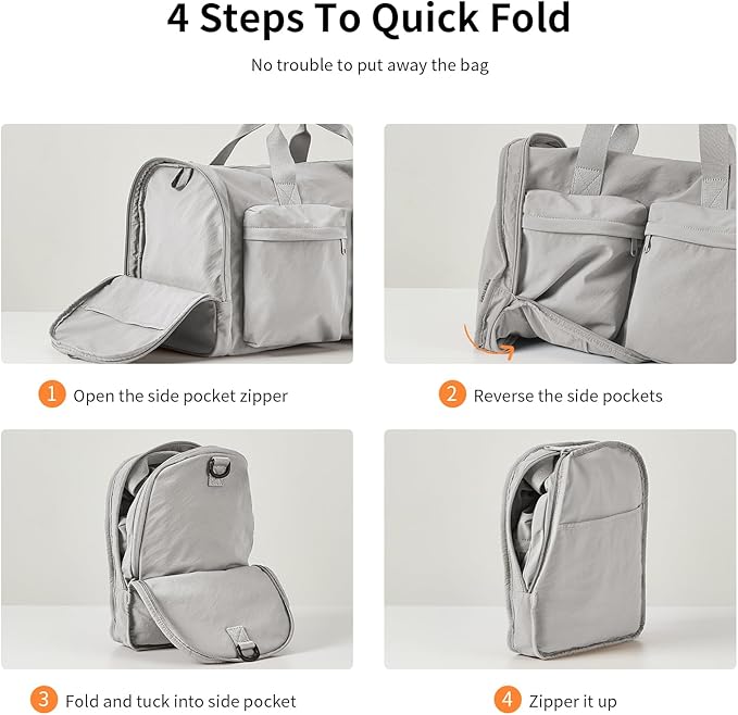 Foldable Travel Duffel Bag for Women with Shoes Compartment, 3 in 1 Carry on Gym Bag with Removable Dry Wet Bag, Lightweight&Water Resistant Duffel Bag for Travel,Sports&Workout, Elegant Gray