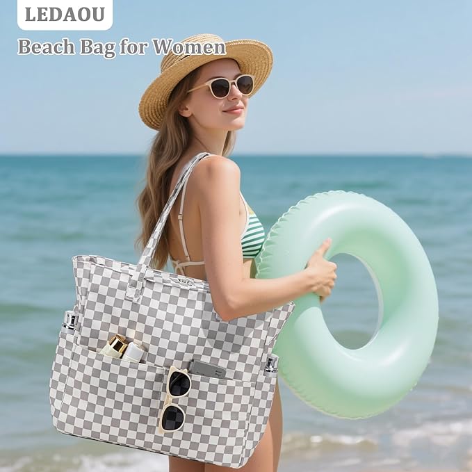 LEDAOU Large Beach Bag Women Waterproof Sandproof Zipper Beach Tote Pool Bag for Swim Gym Grocery Travel with Wet Pocket | Waterproof, Sandproof, Zipper, Pool, Gym, Grocery