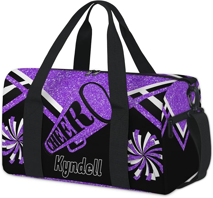 Custom Name Sports Cheer Duffel Bag for Teens, Personalized Gym Travel Weekender Tote Carry-On Bag, Purple Black Glitters Cheerleading