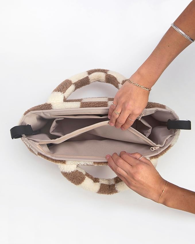 Universal Stroller Organizer Bag - Easy Grab Top Handles, Stroller Caddy with Cup Holder, 3 Open Compartments, Adjustable Stroller Straps & Zippered Wallet Pocket | (Print Checkers Tan)