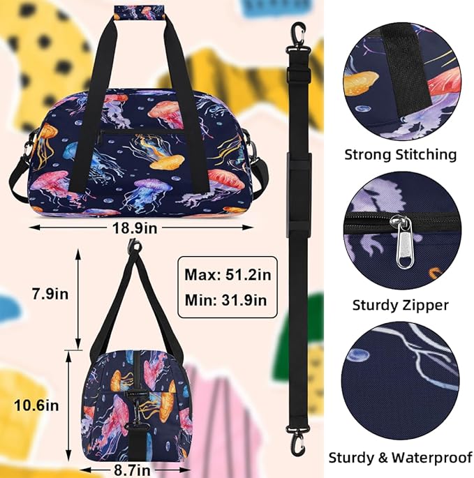 Sports Duffel Bags, Colorful And Cute Jellyfish Water-Resistant Gym Duffle Bag for Men Women, Lightweight Weekender Overnight Bag for Fitness, Workout, Travel