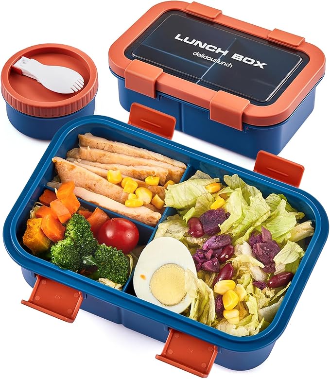 34OZ Bento lunch box, 3-Compartment Leak-Proof Adult Bento Box, Compact Microwave Safe To Go Food Containers with Sauce Soup Jar for Sandwich，Salad, Workplace and Travel