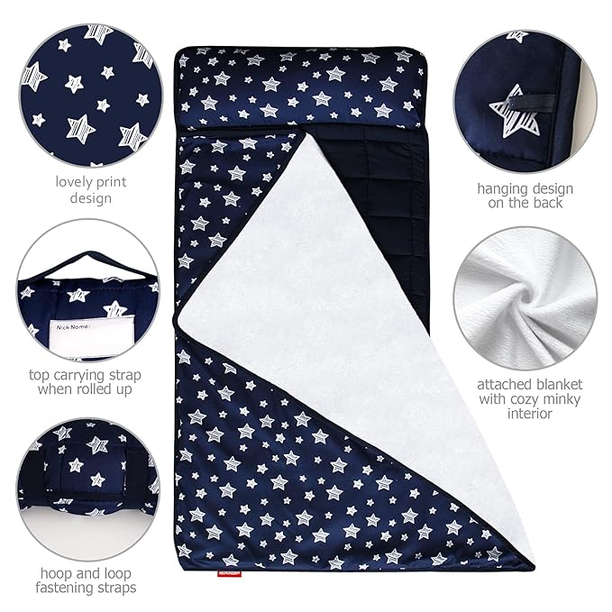Moonsea Toddler Nap Mat with Pillow and Fleece Minky Blanket Navy, Lightweight and Soft Perfect for Toddlers Preschool, Daycare, Travel Sleeping Bag for Girls, 21" x 50" Fit on a Standard Cot