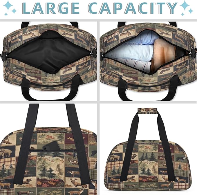 Kids Duffle Bag Girls Boys Rustic Hunting Animal Bear Deer Patchwork Weekender Overnight Bag,Lightweight Duffel Bags for Traveling Gym Sport Dance