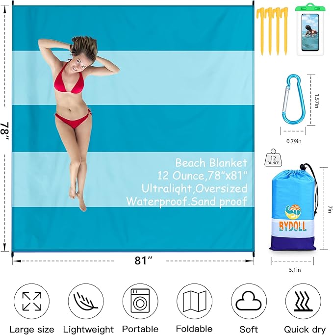 BYDOLL Beach Blanket 78''X81'' Waterproof Sandproof Suits1-4 Adults Oversized Lightweight Large Blanket Picnic Mat for Beach Sand Free Travel Camping Hiking Picnic