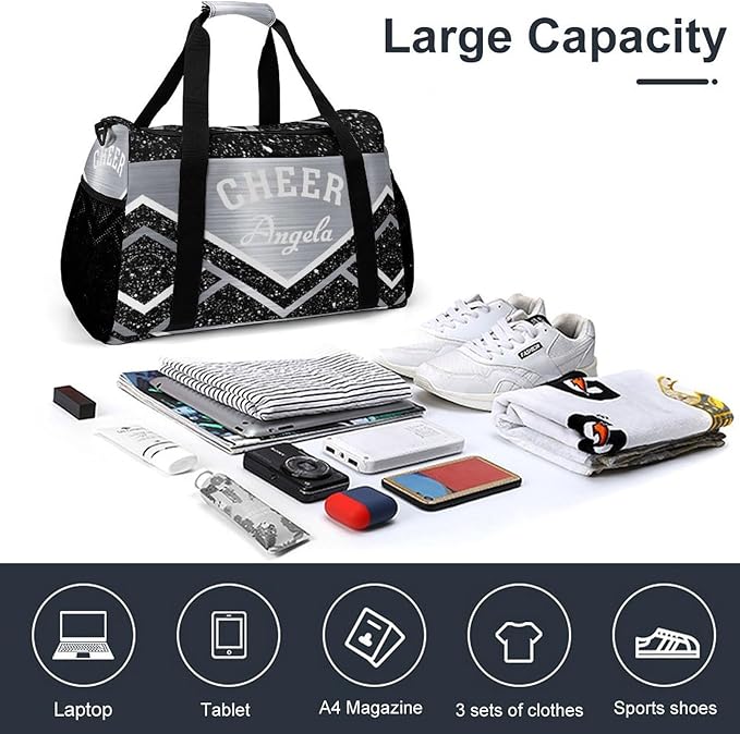 Cheer Silver Black Grey Cheering Stripes Tote Bag, Customized Duffel Bags Weekender Overnight Bag Travel Bag Personalized Gift Gym Bags Luggage Bag