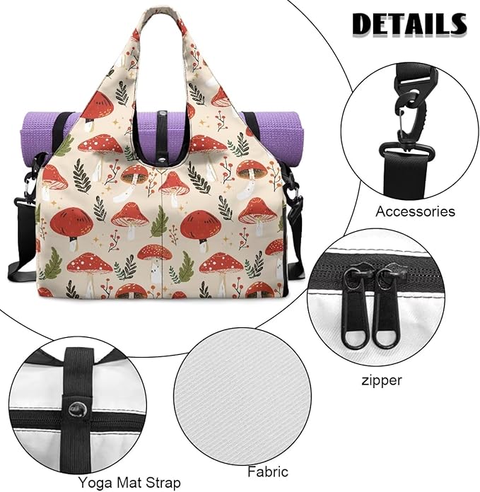 Mushroom Sports Bag with Shoe Compartment and Yoga Mat Holder Red for Women, Portable Gym Bag with Wet Pocket Waterproof Fitness Workout Sports Bag