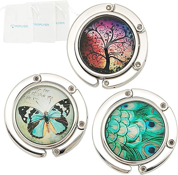 Purse Hook Set of 3 - Butterfly,Wish Tree,Peacock Foldable Handbag Hanger Safer Cleaner Bag, Fold Up for Easy Storage,Folding Table Hanger, with Velvet Pouch