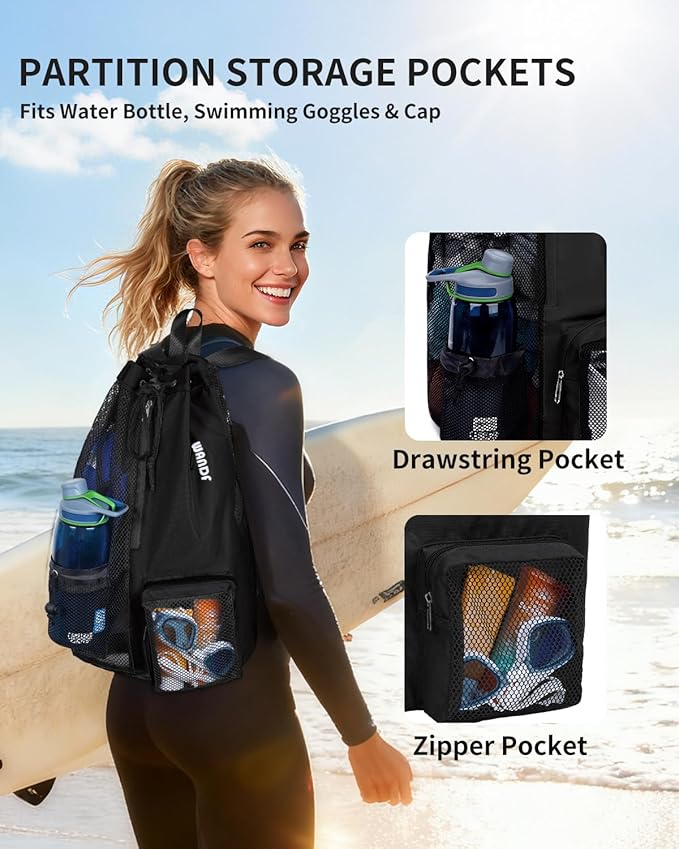 WANDF Swim Bag Mesh Drawstring Backpack with Wet Pocket for Swimming, Gym, and Workout Gear