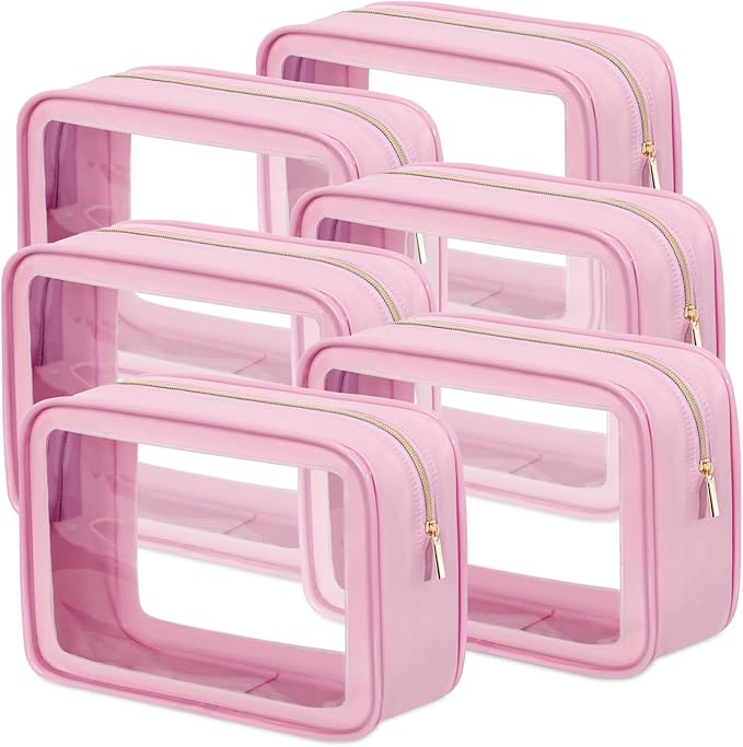Hsei 6 Pcs Clear Makeup Bags with Color Edged TSA Approved Travel Toiletry Bags with Zipper Clear Cosmetic Bag Diaper Bag for Car Storage Organizer Wedding Essentials for Women Gift(Pink)