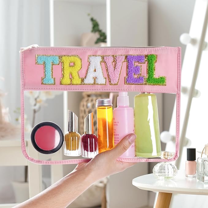 Chenille Letter Bag, Multi-purpose Nylon Clear Makeup Cosmetic Bags Flat Pouches with Zipper for Travel, Gym, Beach (Pink-Travel)
