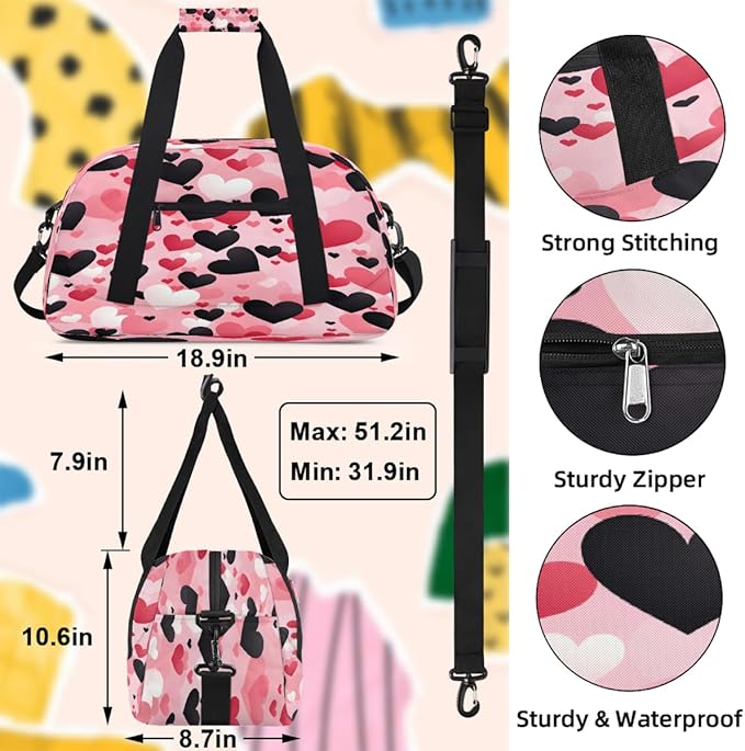 Travel Duffle Bag, Pink Black Heart Waterproof Weekender Overnight Bags for Women Men Lightweight Carry on Duffle Gym Bag for Travel, Sports, Fitness, Workout