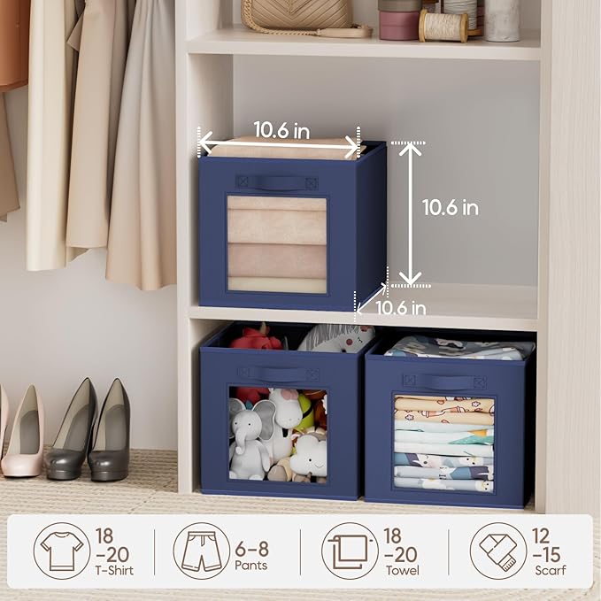 Storage Cube 11 Inch - Cube Storage Bins with Window, Closet Storage Baskets with Handle, Fabric Bins for Closet, Shelves, Toys, Clothes, Set of 16, Navy Blue