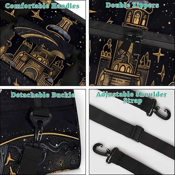Golden Moon Star Gym Travel Duffle Bag for Women & Men with Front Zipper Pocket for Sports, Overnight, Weekender, Carry On,Workout & Dance Bag,Retro Moon,18.9 * 8.7 * 10.6 in