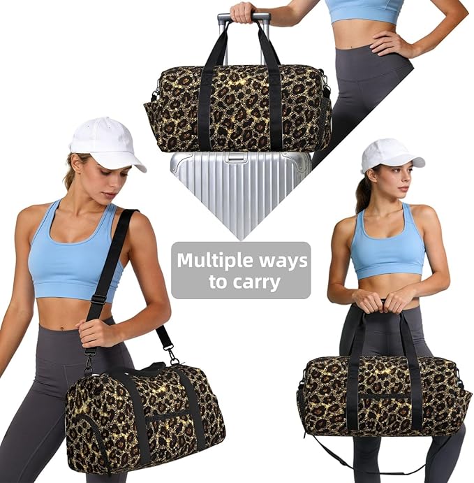 Shining Leopard Print Sports Gym Bag For Men Women Travel Duffel Bag With Shoe Compartment Water Resistant Gym Bag Carry On Duffel Bag For Yoga Gym Sports Weekend Traveling