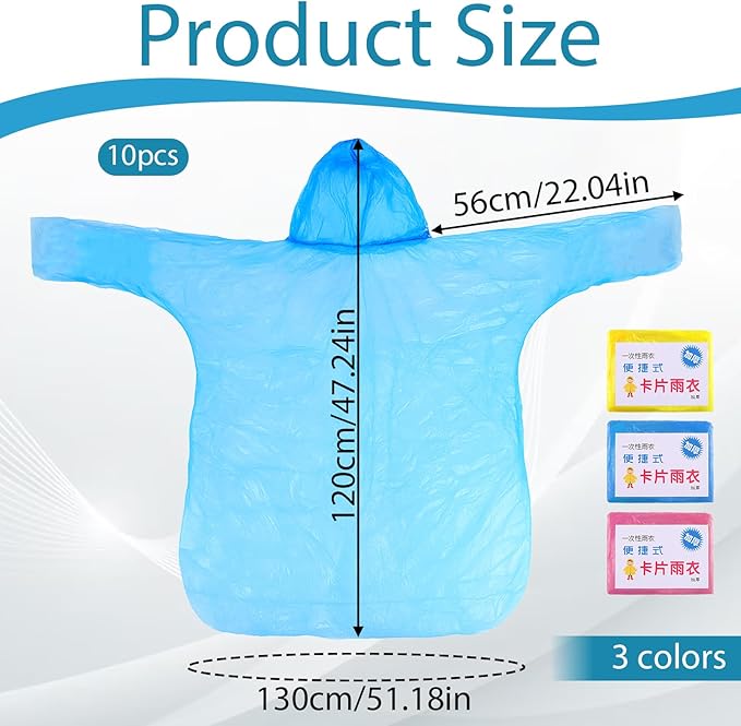 10 Pack Clear Rain Ponchos for Adults Disposable Clear Extra Long Emergency Poncho with Hood Ponchos Unisex Waterproof Raincoat for Outdoor Activities, Camping, Concerts Essentials, Random Colors