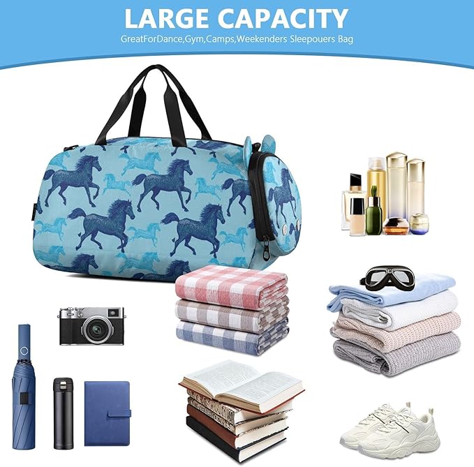 Hand-drawn Horse Electric Blue Boy's Gym Duffel Bag with Shoes Compartment Large Capacity Sports Bag Travel Tote for Boys and Girls bolsos de viaje para hombre