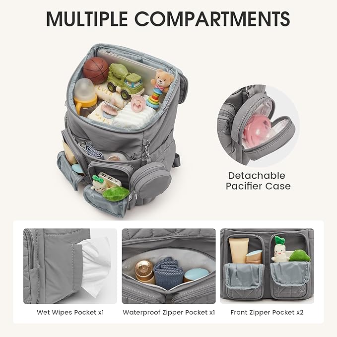 G4Free Diaper Bag Backpack for Moms Dads Travel Baby Bag with Pacifier Case & Insulated Pockets,Grey