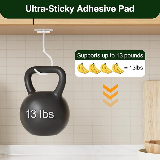 Banana Hook Under Cabinet: Foldable Banana Hanger Adhesive, Hanging Banana Holder, Stick On, Premium Material, Can Hold 20 Bananas, White