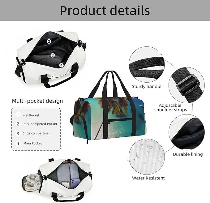 Beach Coconut Sunshine Print Gym Bag with Shoe Compartment for Women Men, 17.7in Sports Duffle Weekender Tote, Overnight Travel Duffel Bag Carry On