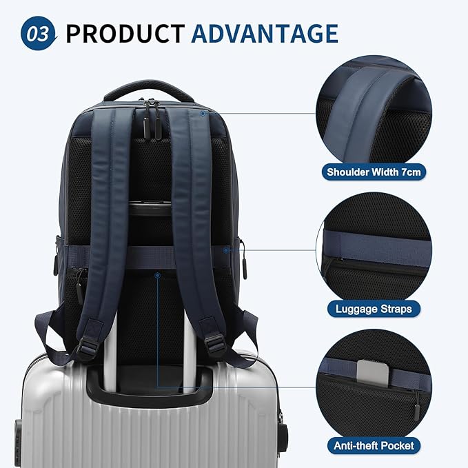 Waterproof Laptop Backpack for Men & Women, Flight Approved Anti-Theft Daypack with 15.6-inch Laptop Sleeve (Blue)