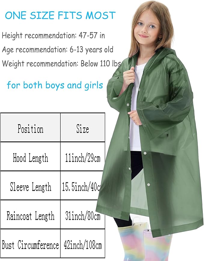 2 Pack Reusable Waterproof Raincoat EVA Emergency Rain Ponchos One Size Rain Jacket for Children, Boys and Girls