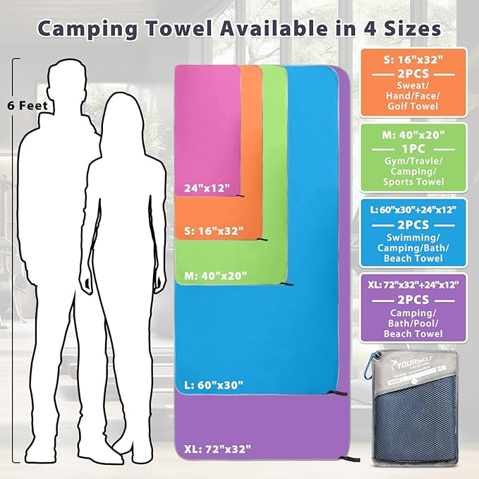 SYOURSELF 2 Pack Microfiber Camping Towel, Quick Dry Towel, Soft Absorbent Compact Travel Gym Workout Sweat Towel for Beach Yoga Swim Travel Camping Hiking Backpack Essentials (XL:72"x32"+12"x24")
