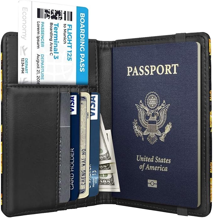 Women's Black Floral Sunflower Passport Wallet Cover with RFID Blocking, 7 Compartments, 4 Card Slots, Magnetic Closure