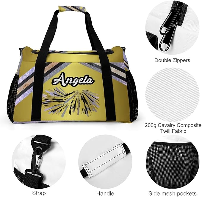 Personalized Cheerleaders Golden Silver Sparkle Print Duffle Bag with Name for Women Man Tote Bag Custom Travel Perform Training Bag Gym Bags