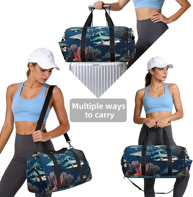Sharks under the sea Print Gym Bag with Shoe Compartment for Women Men, 17.7in Sports Duffle Weekender Tote, Overnight Travel Duffel Bag Carry On
