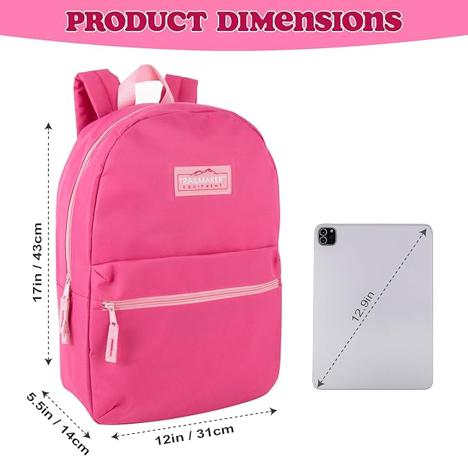Trail maker Classic 17 inch Backpacks with Adjustable Padded Straps | School Backpacks for Girls, Boys (Pink)