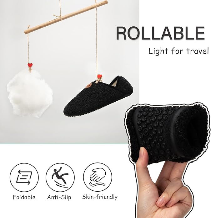 ATHMILE House Slippers for Women Men Microfiber Barefoot Shoes Slip On Slipper Socks Indoor Non Slip Foldable Lightweight for Travel Yoga Home Dark Black