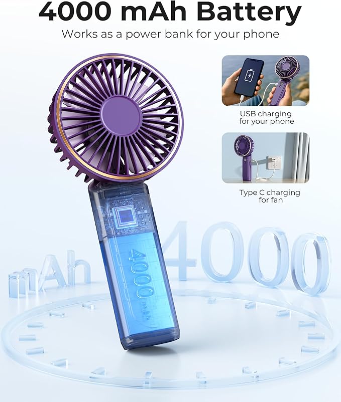Portable Handheld Fan, 4000mAh, 180 Adjustable, 6 Speed Wind, USB Rechargeable Foldable Fan with Real-Time Electricity Display