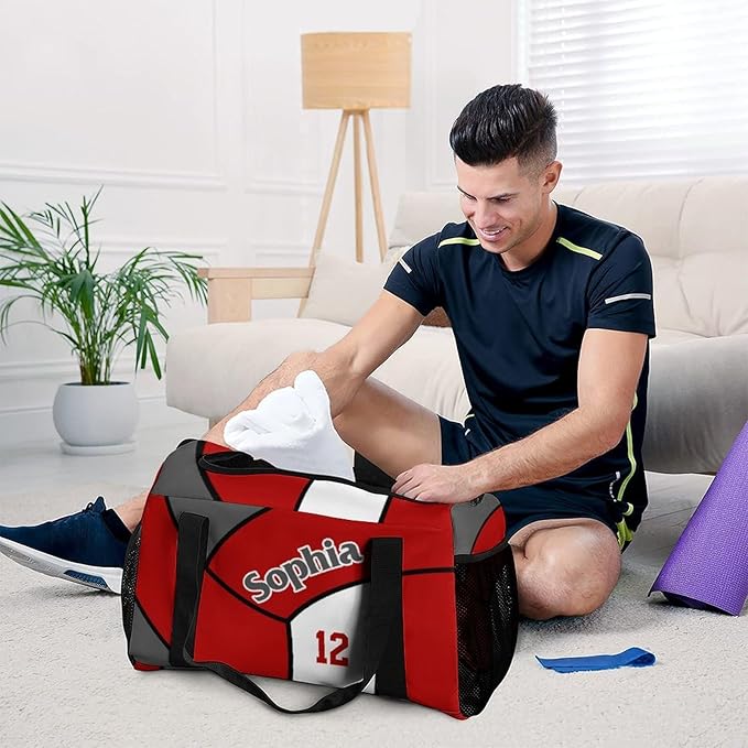 Custom Volleyball Red Duffel Bag with Name Personalized Travel Bags Sport Gym Bag Carry On Weekender Bags for Men Women