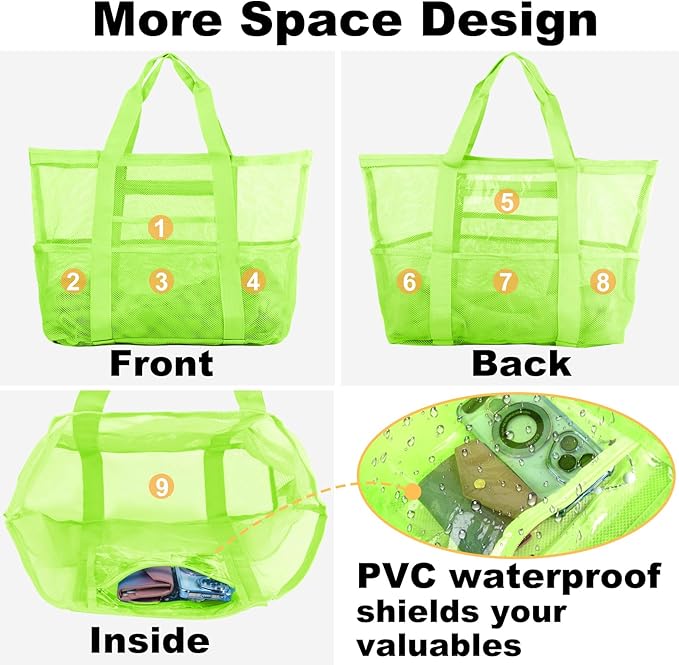 Mesh Beach Bag,Large Beach Bags for Women with 8 Pockets,Packable Tote Bag for Beach Cruise Pool Vacation Essentials