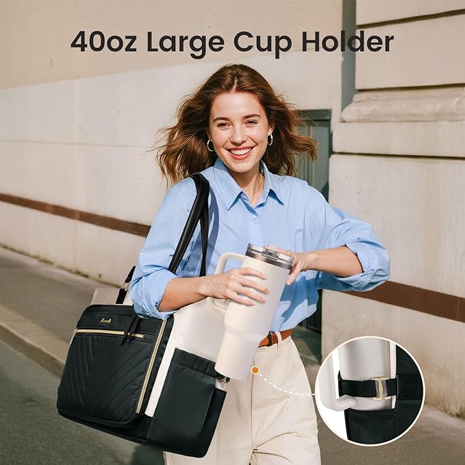LOVEVOOK 17 Inch Laptop Work Bag for Women, Teacher Tote with Large Cup Holder, Work Bag with Organized Multi-Pockets, Ideal for Daily Use, Dark Green-Beige-Black