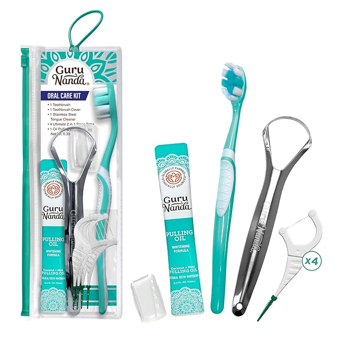 GuruNanda Travel-Friendly Oral Care Kit- 1 Butter on Gums Toothbrush, 1 Tongue Scraper, 4 Dual-Action Floss Picks, 1 Coconut & Mint Oil Pulling Sachet
