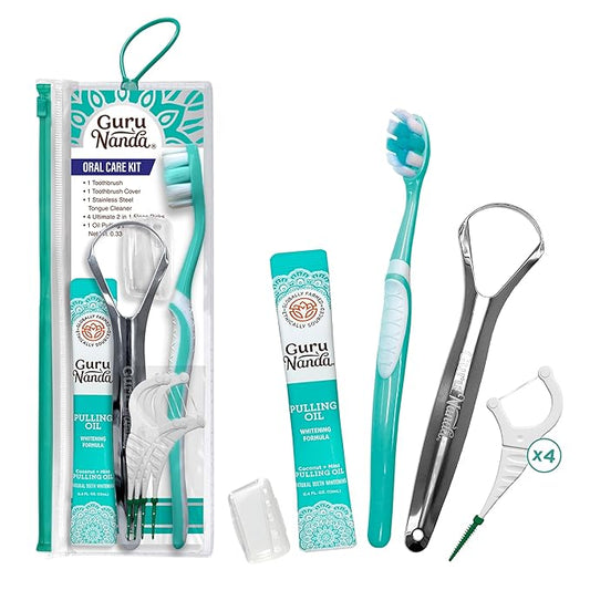 GuruNanda Travel-Friendly Oral Care Kit- 1 Butter on Gums Toothbrush, 1 Tongue Scraper, 4 Dual-Action Floss Picks, 1 Coconut & Mint Oil Pulling Sachet