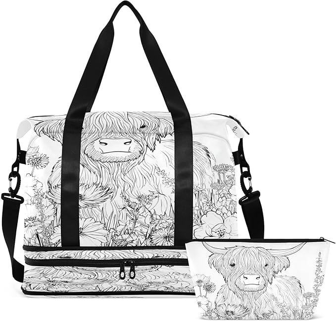 Travel Duffel Bags for Women Floral Highland Cow Line Art Print Sports Duffel Bags Gym Bags with Shoes Compartment Tote Bag Weekender Bag for Travelling