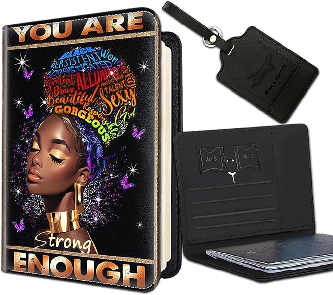Passport Holder Women Wallet with Luggage Tag, Leather Passport Cover with RFID Blocking, Travel Accessories Multi Card Slot Passport Case for Men，Black Women Black Queen You Are Beautiful