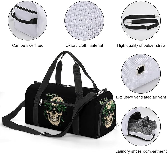 Weed Skull Gym Bag Travel Duffle Bag Workout Sports Bag with Shoe Compartment